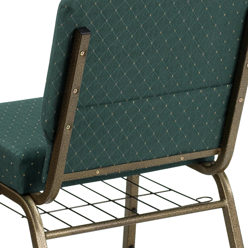 SINGLEWAVE Series 21''W Church Chair in Hunter Green Dot Patterned Fabric with Book Rack - Gold Vein Frame