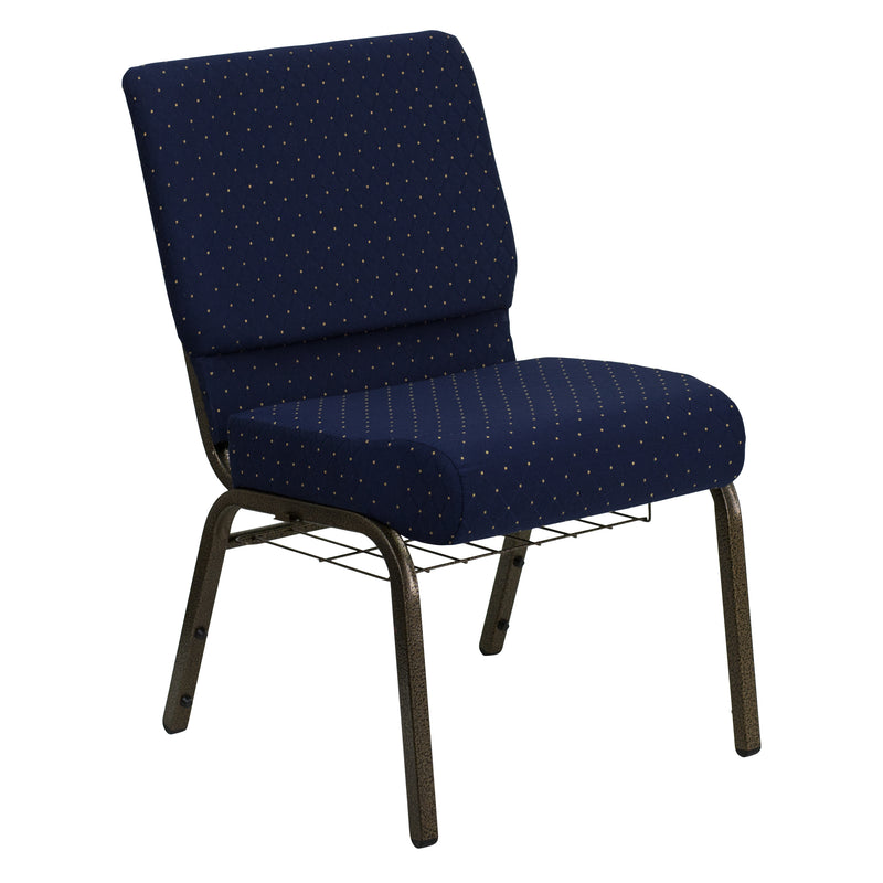 SINGLEWAVE Series 21''W Church Chair in Navy Blue Dot Patterned Fabric with Book Rack - Gold Vein Frame