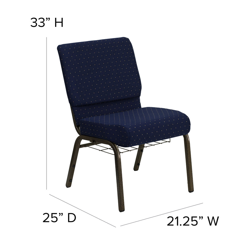 SINGLEWAVE Series 21''W Church Chair in Navy Blue Dot Patterned Fabric with Book Rack - Gold Vein Frame