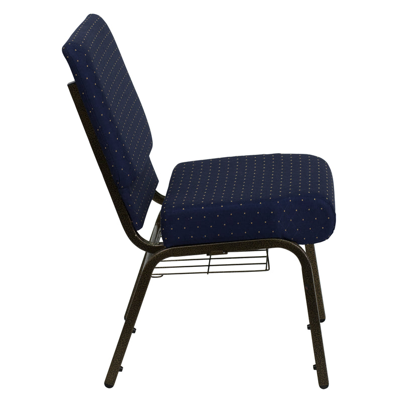 SINGLEWAVE Series 21''W Church Chair in Navy Blue Dot Patterned Fabric with Book Rack - Gold Vein Frame