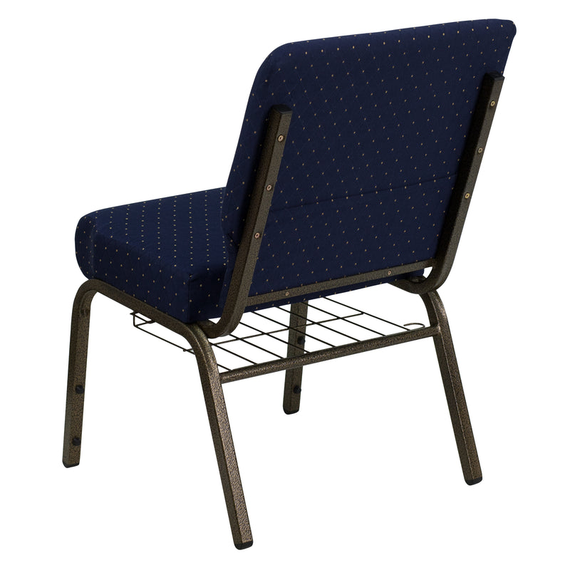 SINGLEWAVE Series 21''W Church Chair in Navy Blue Dot Patterned Fabric with Book Rack - Gold Vein Frame