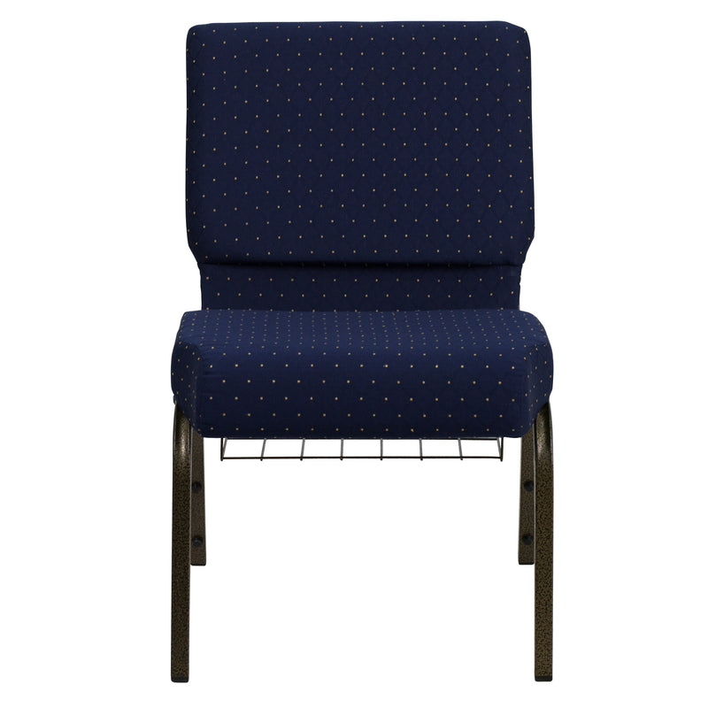 SINGLEWAVE Series 21''W Church Chair in Navy Blue Dot Patterned Fabric with Book Rack - Gold Vein Frame