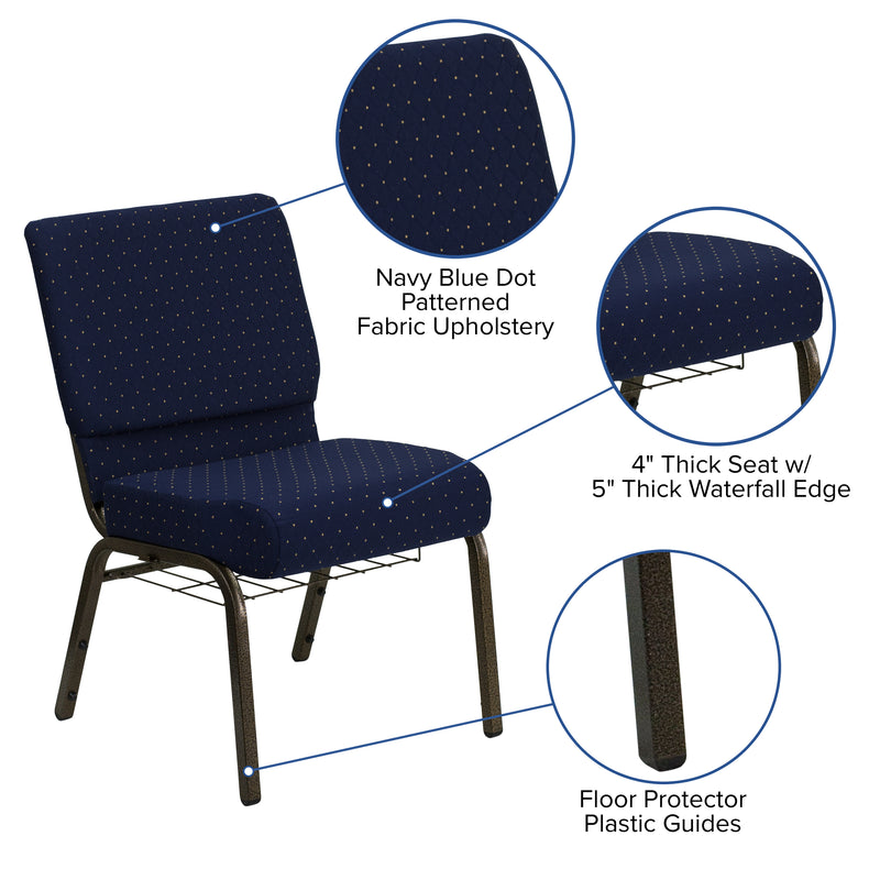 SINGLEWAVE Series 21''W Church Chair in Navy Blue Dot Patterned Fabric with Book Rack - Gold Vein Frame