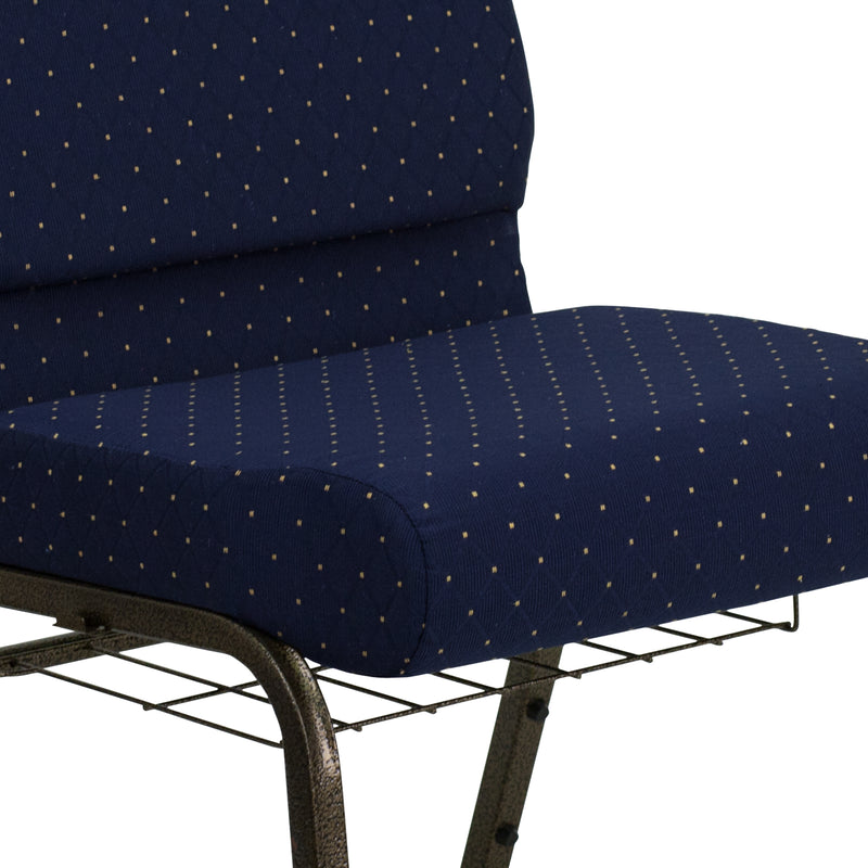 SINGLEWAVE Series 21''W Church Chair in Navy Blue Dot Patterned Fabric with Book Rack - Gold Vein Frame