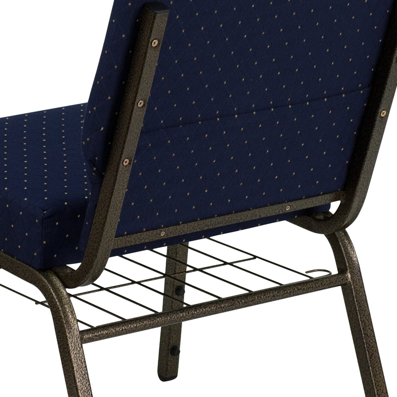 SINGLEWAVE Series 21''W Church Chair in Navy Blue Dot Patterned Fabric with Book Rack - Gold Vein Frame