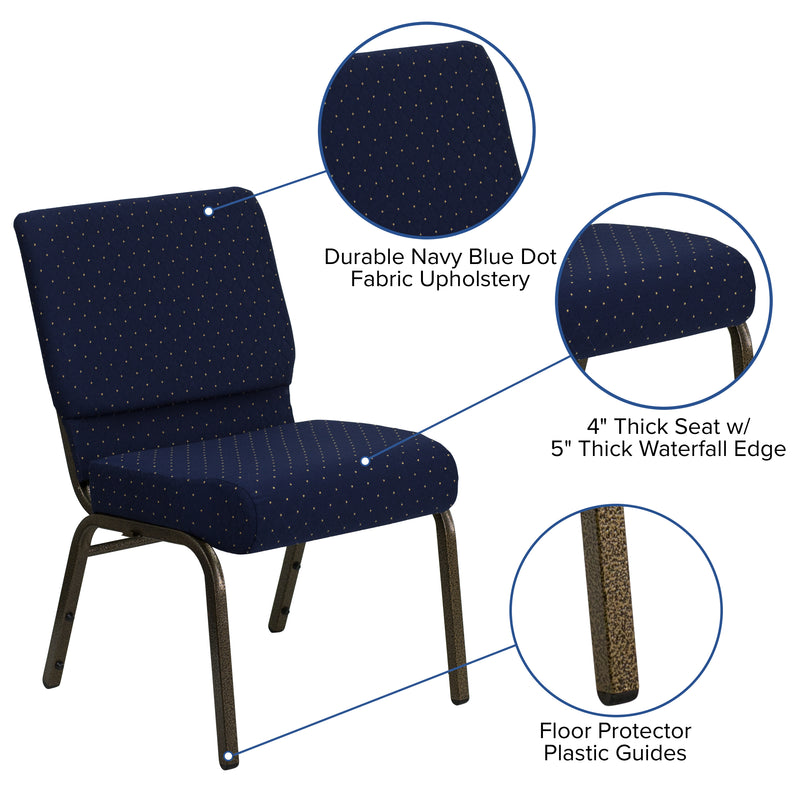 SINGLEWAVE Series 21''W Stacking Church Chair in Navy Blue Dot Patterned Fabric - Gold Vein Frame