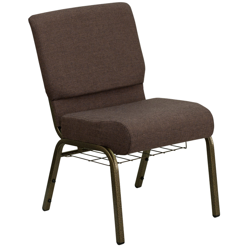 SINGLEWAVE Series 21''W Church Chair in Brown Fabric with Cup Book Rack - Gold Vein Frame