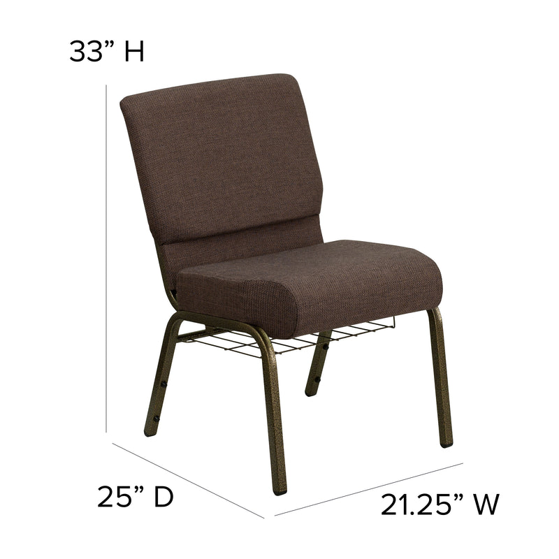 SINGLEWAVE Series 21''W Church Chair in Brown Fabric with Cup Book Rack - Gold Vein Frame