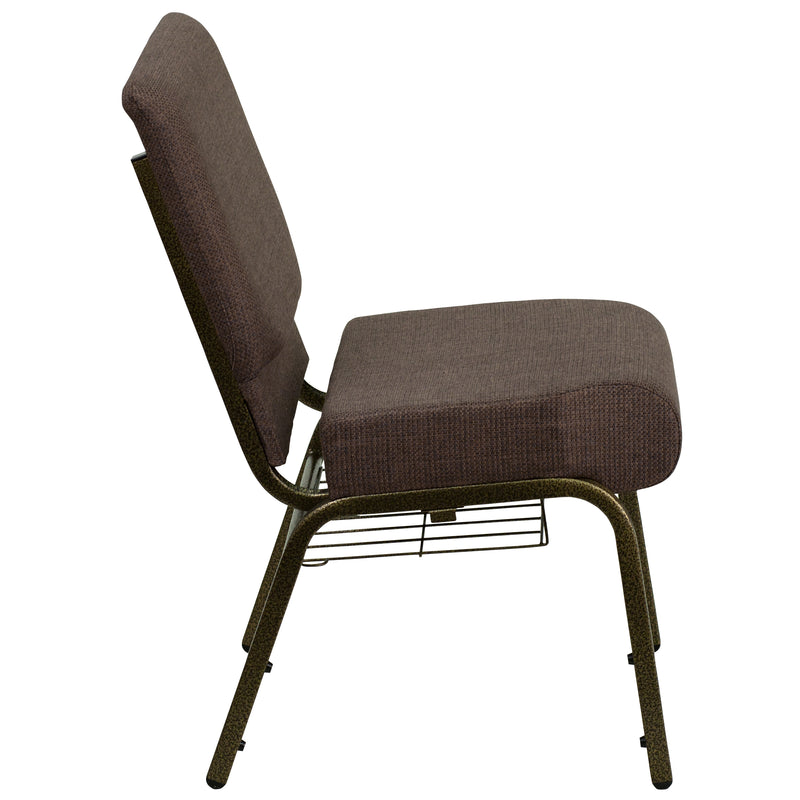 SINGLEWAVE Series 21''W Church Chair in Brown Fabric with Cup Book Rack - Gold Vein Frame