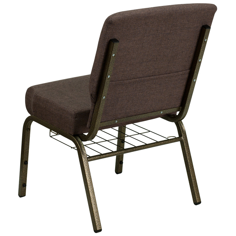 SINGLEWAVE Series 21''W Church Chair in Brown Fabric with Cup Book Rack - Gold Vein Frame