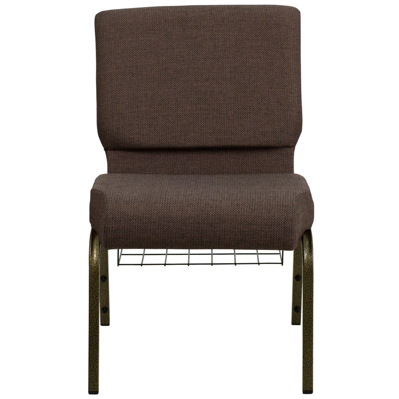 SINGLEWAVE Series 21''W Church Chair in Brown Fabric with Cup Book Rack - Gold Vein Frame