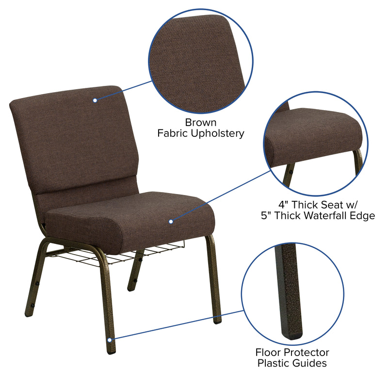 SINGLEWAVE Series 21''W Church Chair in Brown Fabric with Cup Book Rack - Gold Vein Frame