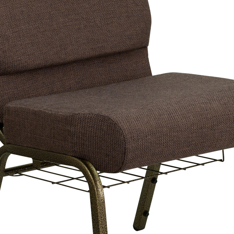 SINGLEWAVE Series 21''W Church Chair in Brown Fabric with Cup Book Rack - Gold Vein Frame