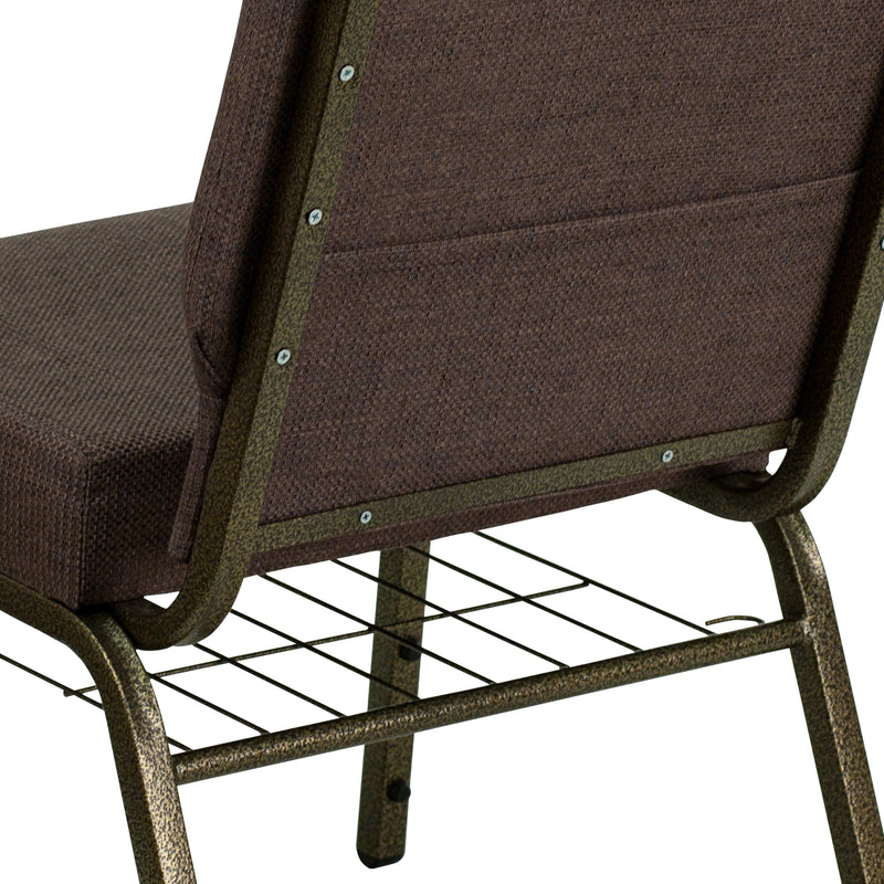 SINGLEWAVE Series 21''W Church Chair in Brown Fabric with Cup Book Rack - Gold Vein Frame