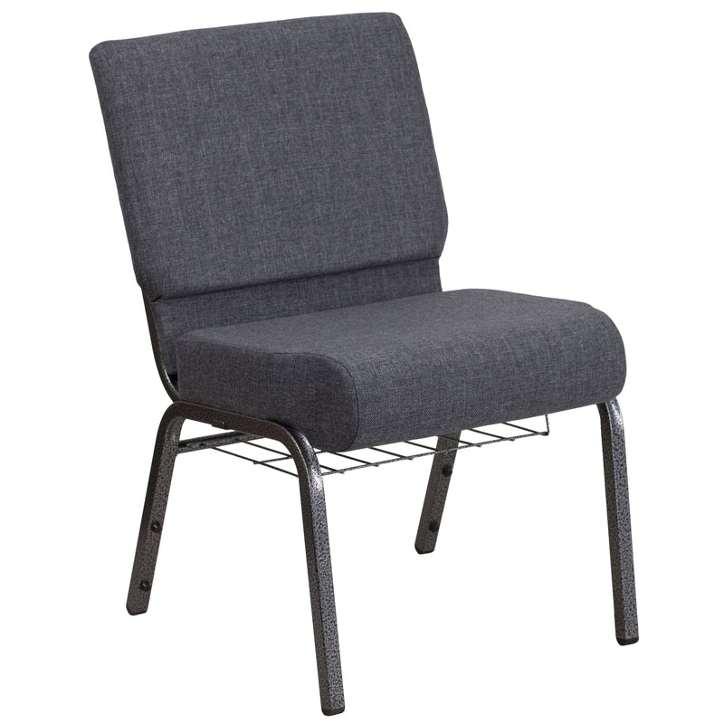 SINGLEWAVE Series 21''W Church Chair in Dark Gray Fabric with Book Rack - Silver Vein Frame