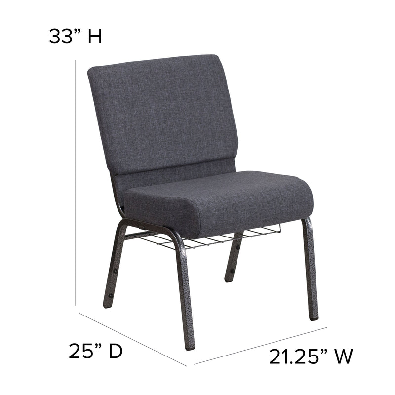 SINGLEWAVE Series 21''W Church Chair in Dark Gray Fabric with Book Rack - Silver Vein Frame