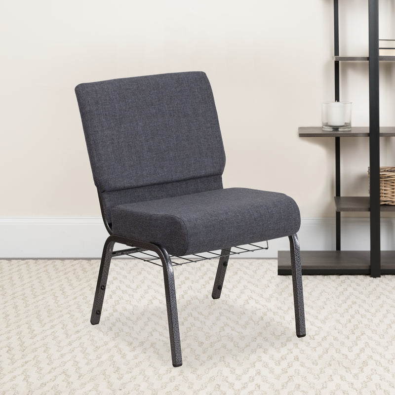 SINGLEWAVE Series 21''W Church Chair in Dark Gray Fabric with Book Rack - Silver Vein Frame