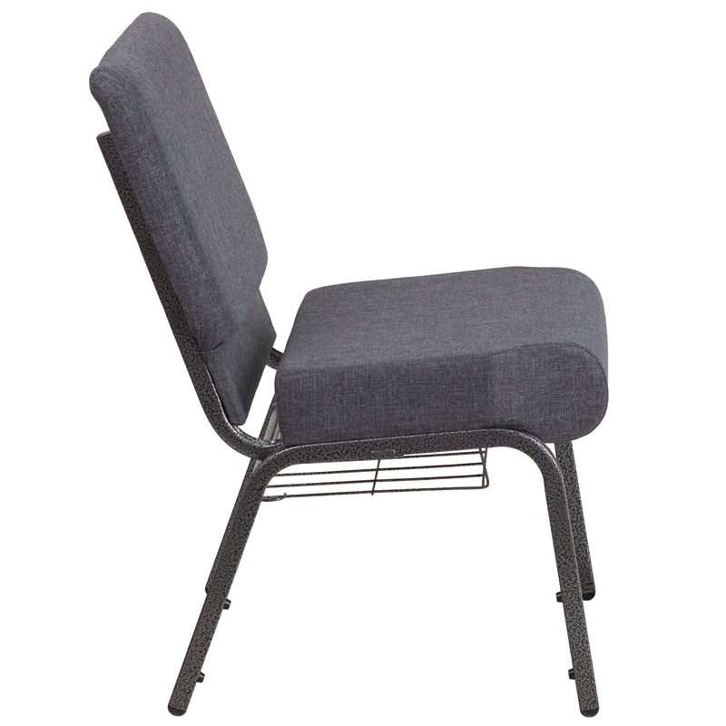 SINGLEWAVE Series 21''W Church Chair in Dark Gray Fabric with Book Rack - Silver Vein Frame