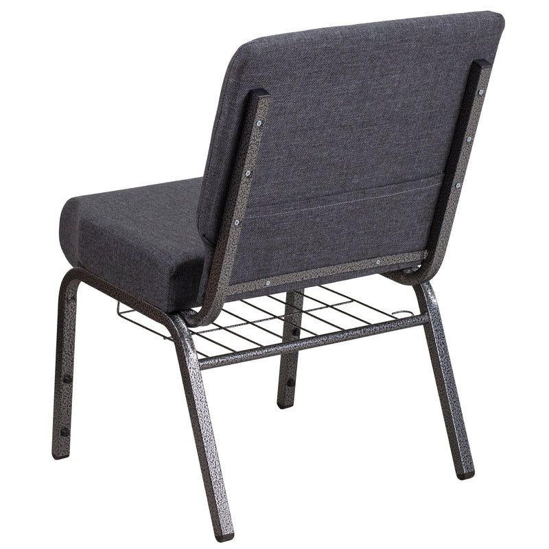 SINGLEWAVE Series 21''W Church Chair in Dark Gray Fabric with Book Rack - Silver Vein Frame