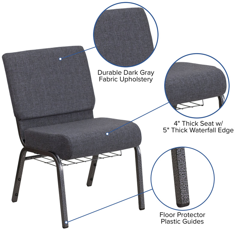 SINGLEWAVE Series 21''W Church Chair in Dark Gray Fabric with Book Rack - Silver Vein Frame