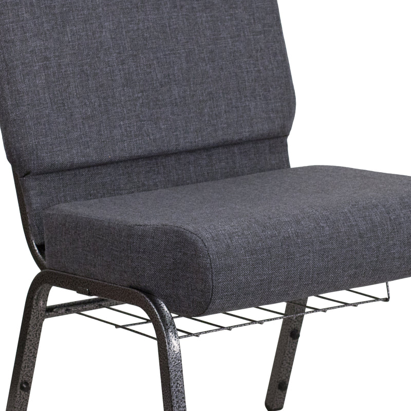 SINGLEWAVE Series 21''W Church Chair in Dark Gray Fabric with Book Rack - Silver Vein Frame