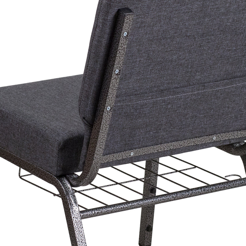 SINGLEWAVE Series 21''W Church Chair in Dark Gray Fabric with Book Rack - Silver Vein Frame