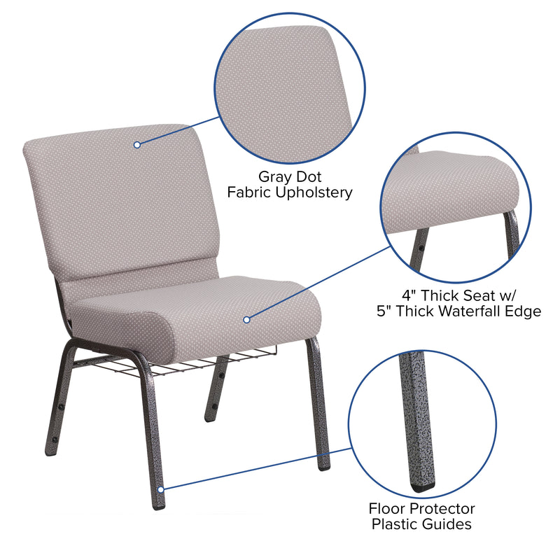 SINGLEWAVE Series 21''W Church Chair in Gray Dot Fabric with Book Rack - Silver Vein Frame