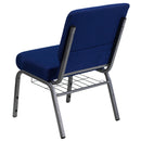 SINGLEWAVE Series 21''W Church Chair in Navy Blue Fabric with Cup Book Rack - Silver Vein Frame