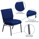 SINGLEWAVE Series 21''W Church Chair in Navy Blue Fabric with Cup Book Rack - Silver Vein Frame