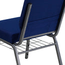 SINGLEWAVE Series 21''W Church Chair in Navy Blue Fabric with Cup Book Rack - Silver Vein Frame
