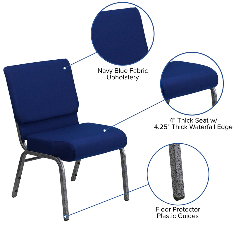 SINGLEWAVE Series 21''W Stacking Church Chair in Navy Blue Fabric - Silver Vein Frame