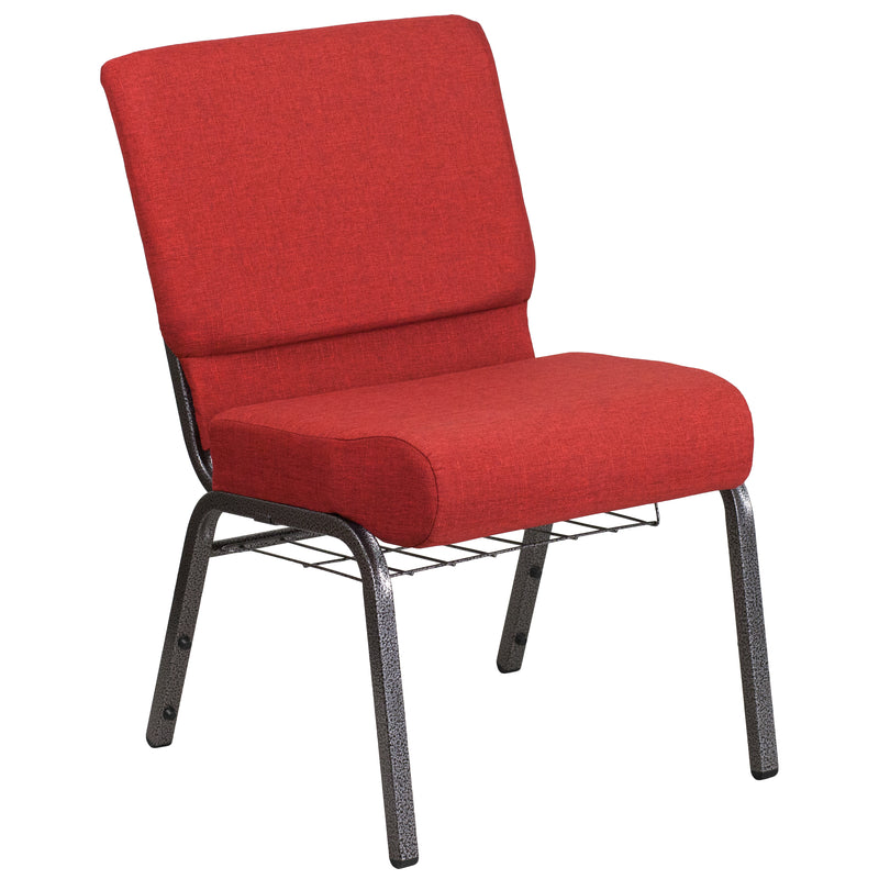 SINGLEWAVE Series 21''W Church Chair in Crimson Fabric with Cup Book Rack - Silver Vein Frame