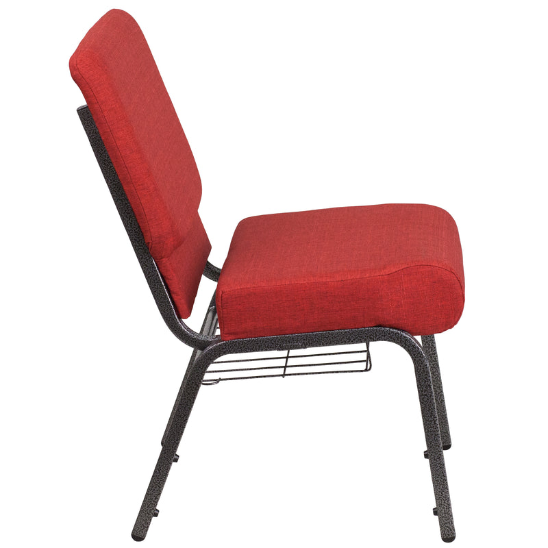 SINGLEWAVE Series 21''W Church Chair in Crimson Fabric with Cup Book Rack - Silver Vein Frame