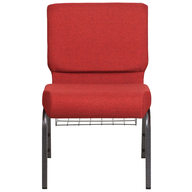 SINGLEWAVE Series 21''W Church Chair in Crimson Fabric with Cup Book Rack - Silver Vein Frame