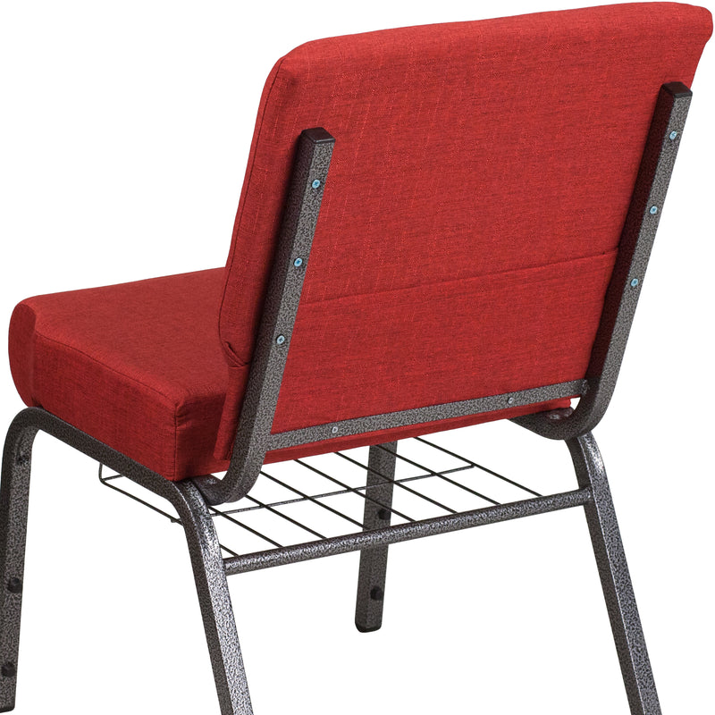 SINGLEWAVE Series 21''W Church Chair in Crimson Fabric with Cup Book Rack - Silver Vein Frame