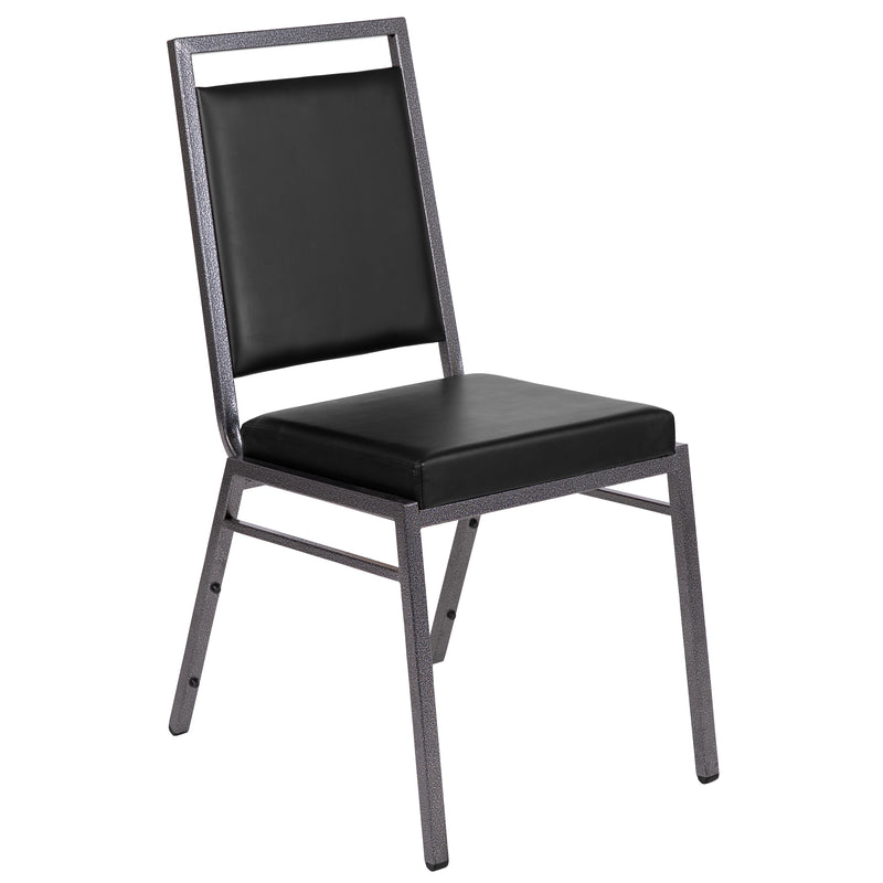 SINGLEWAVE Series Square Back Stacking Banquet Chair in Black Vinyl with Silvervein Frame