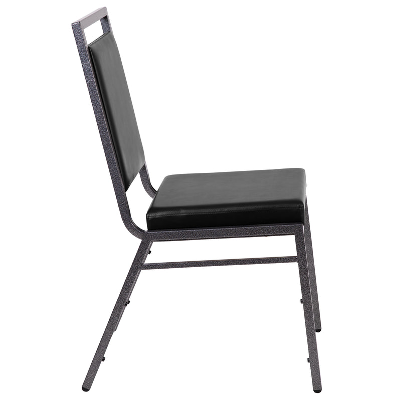 SINGLEWAVE Series Square Back Stacking Banquet Chair in Black Vinyl with Silvervein Frame