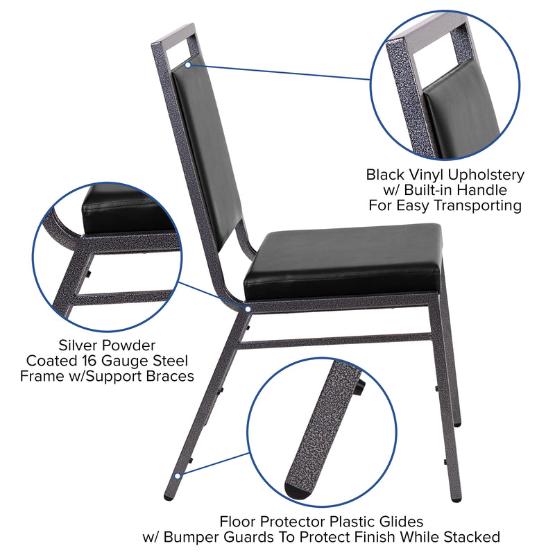 SINGLEWAVE Series Square Back Stacking Banquet Chair in Black Vinyl with Silvervein Frame