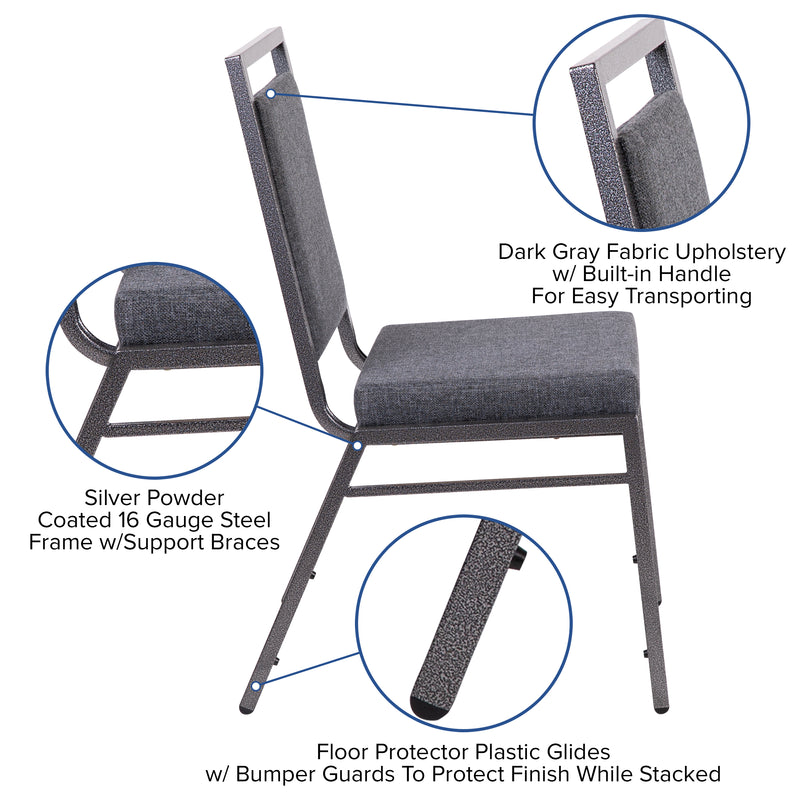 SINGLEWAVE Series Square Back Stacking Banquet Chair in Dark Gray Fabric with Silvervein Frame