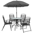 Nantucket 6 Piece Black Patio Garden Set with Umbrella Table and Set of 4 Folding Chairs