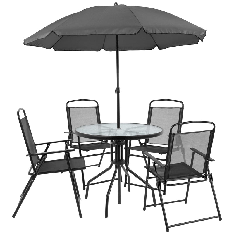 Nantucket 6 Piece Black Patio Garden Set with Umbrella Table and Set of 4 Folding Chairs