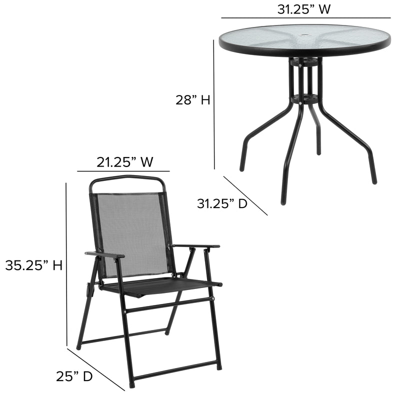 Nantucket 6 Piece Black Patio Garden Set with Umbrella Table and Set of 4 Folding Chairs