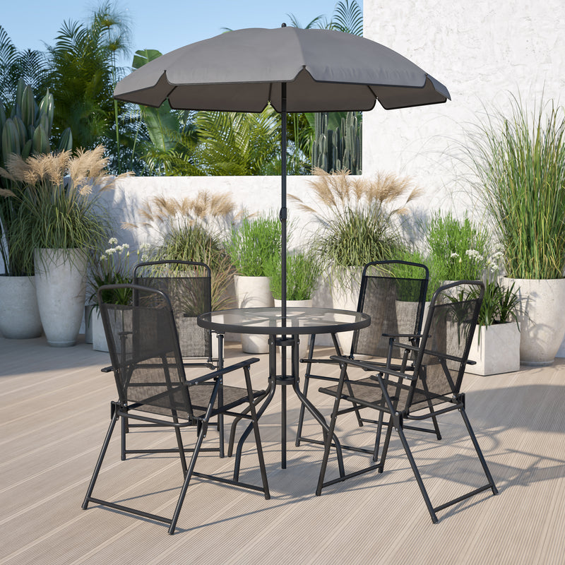 Nantucket 6 Piece Black Patio Garden Set with Umbrella Table and Set of 4 Folding Chairs