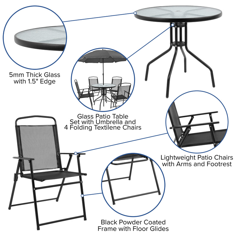 Nantucket 6 Piece Black Patio Garden Set with Umbrella Table and Set of 4 Folding Chairs