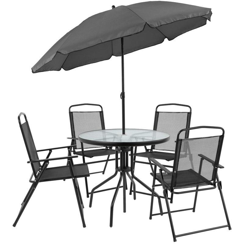 Nantucket 6 Piece Black Patio Garden Set with Umbrella Table and Set of 4 Folding Chairs