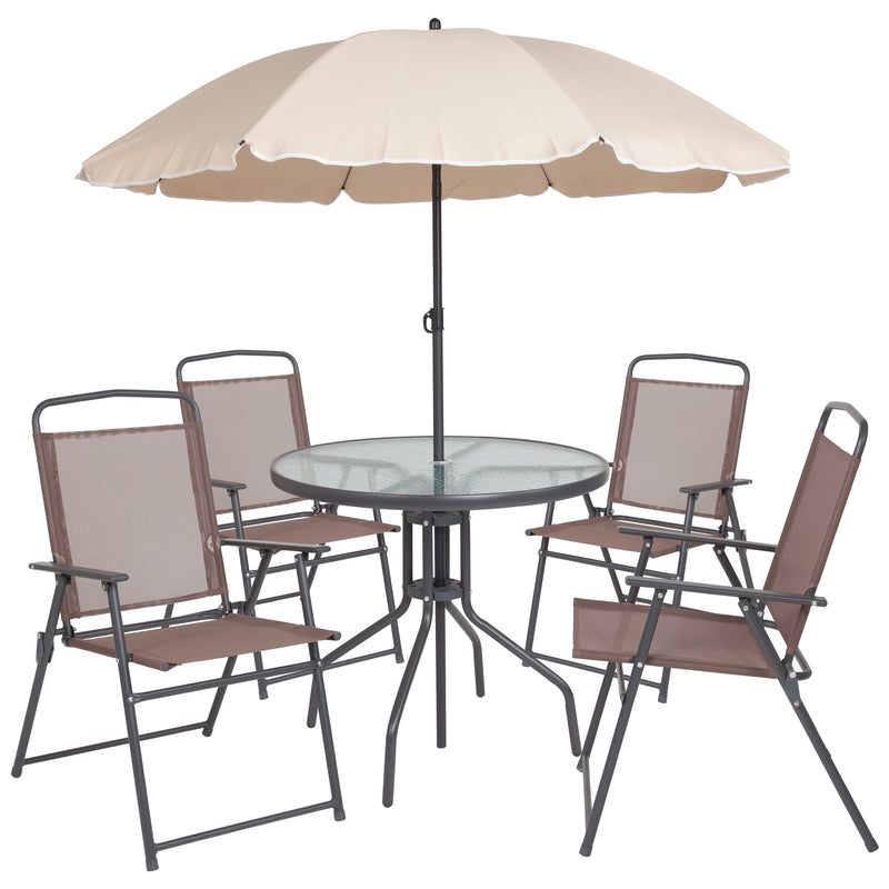 Nantucket 6 Piece Brown Patio Garden Set with Umbrella Table and Set of 4 Folding Chairs