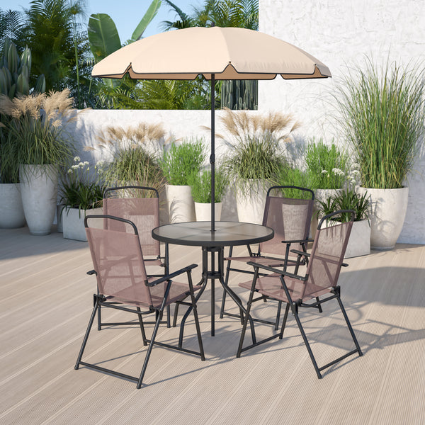 Nantucket 6 Piece Brown Patio Garden Set with Umbrella Table and Set of 4 Folding Chairs