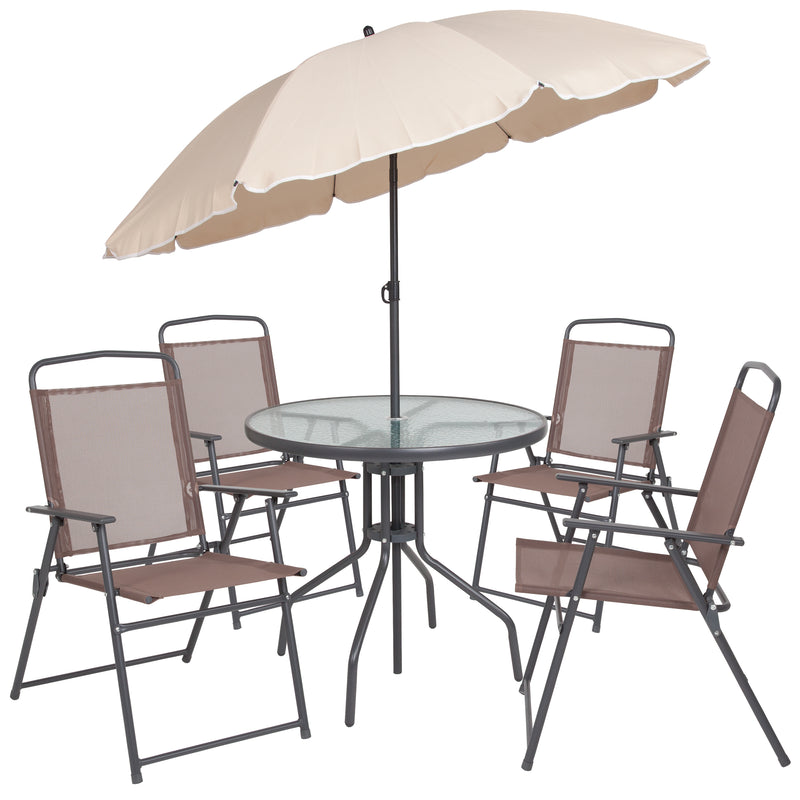 Nantucket 6 Piece Brown Patio Garden Set with Umbrella Table and Set of 4 Folding Chairs