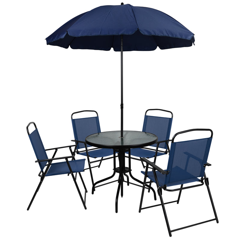 Nantucket 6 Piece Navy Patio Garden Set with Umbrella Table and Set of 4 Folding Chairs