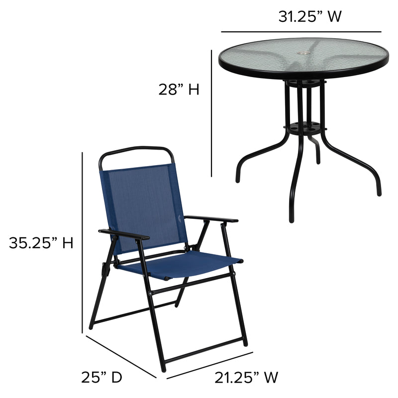 Nantucket 6 Piece Navy Patio Garden Set with Umbrella Table and Set of 4 Folding Chairs